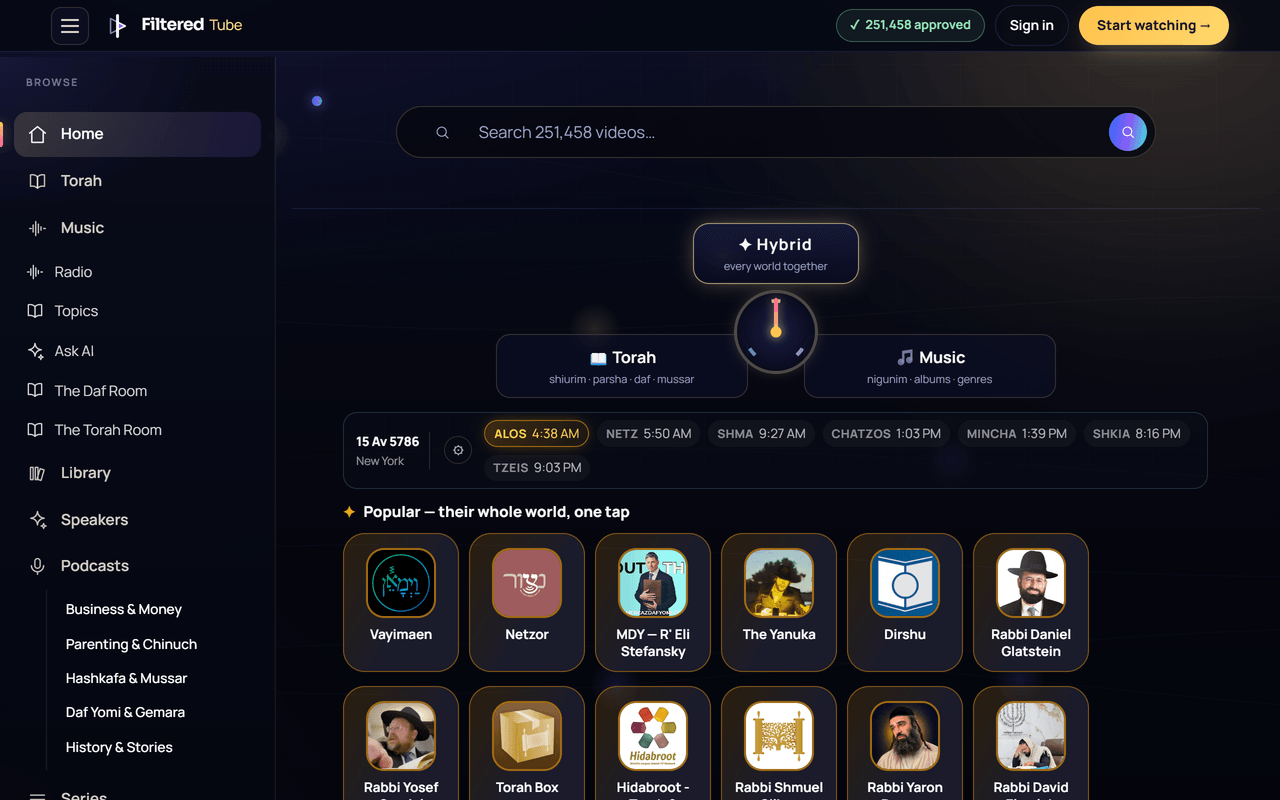 Filtered YouTube platform interface — FilteredTube home with the approved video player