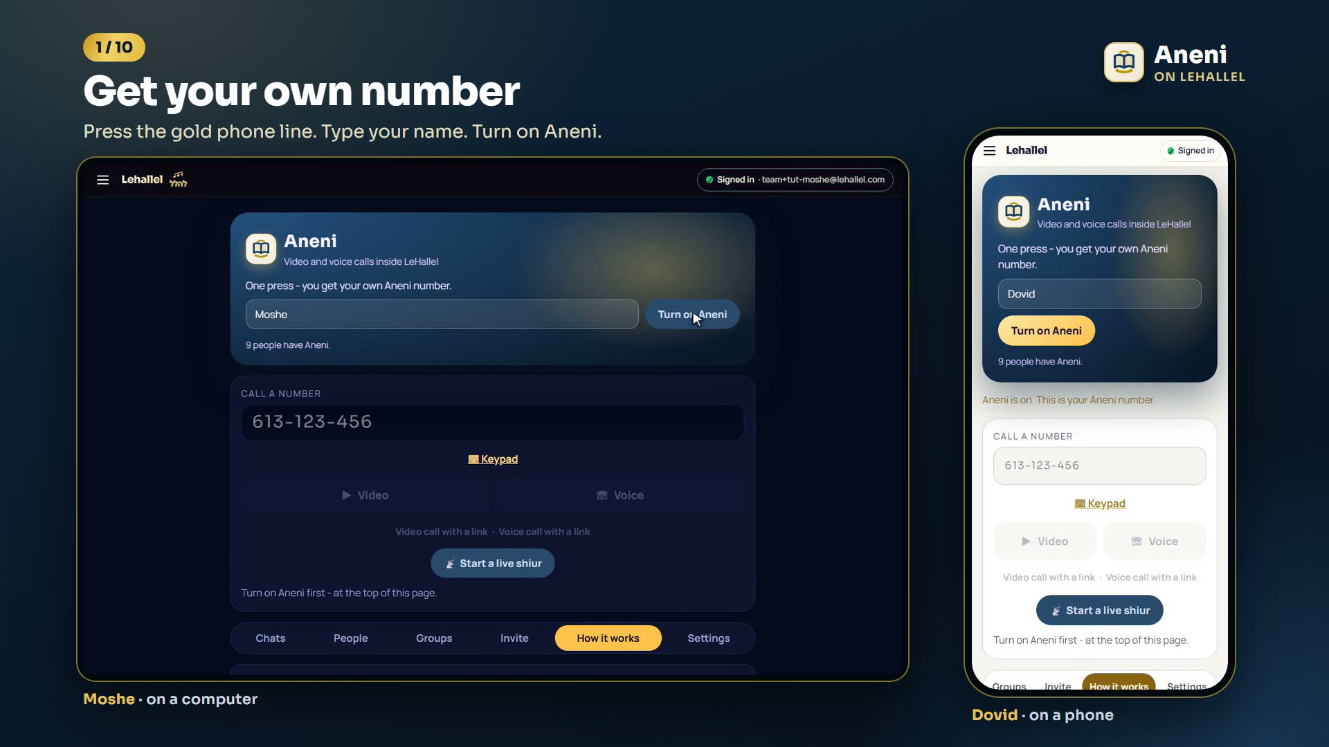 Aneni on a computer and a phone: 'One press - you get your own Aneni number', the name typed, the Turn on Aneni button, and Call a number with its keypad, Video and Voice