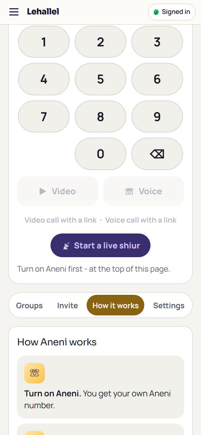 Aneni on LeHallel at phone size: the keypad, Video and Voice buttons, Start a live shiur, and How Aneni works