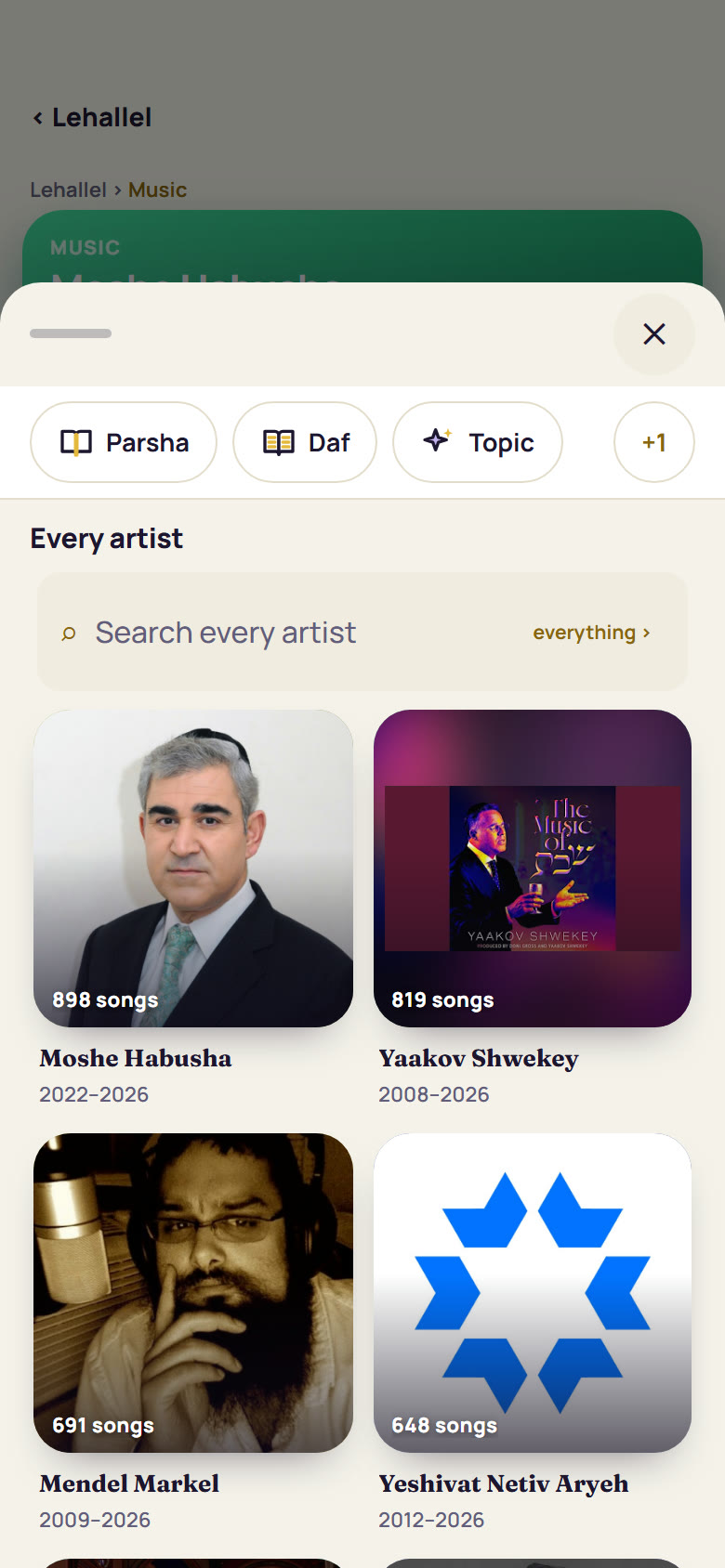 LeHallel's Every artist list on a phone: Moshe Habusha 898 songs (2022–2026), Yaakov Shwekey 819 (2008–2026), Mendel Markel 691 (2009–2026), Yeshivat Netiv Aryeh 648 (2012–2026)