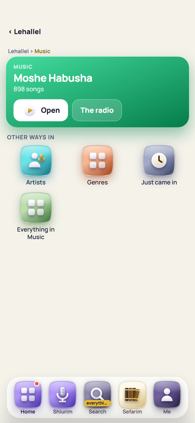 LeHallel's Music room on a phone: Moshe Habusha, 898 songs, The radio, and the ways in: Artists, Genres, Just came in