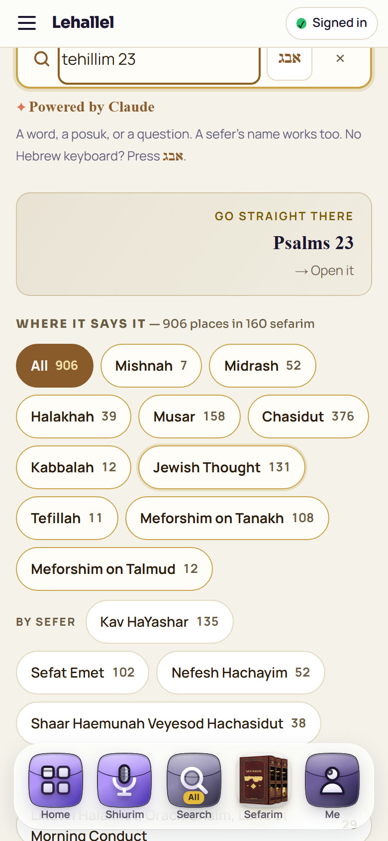 LeHallel's Sefarim on a phone: 'tehillim 23' typed in Search inside every sefer, Psalms 23 offered first, and 'Where it says it: 906 places in 160 sefarim' by kind (Mishnah 7, Midrash 52, Halakhah 39, Musar 158, Chasidut 376)