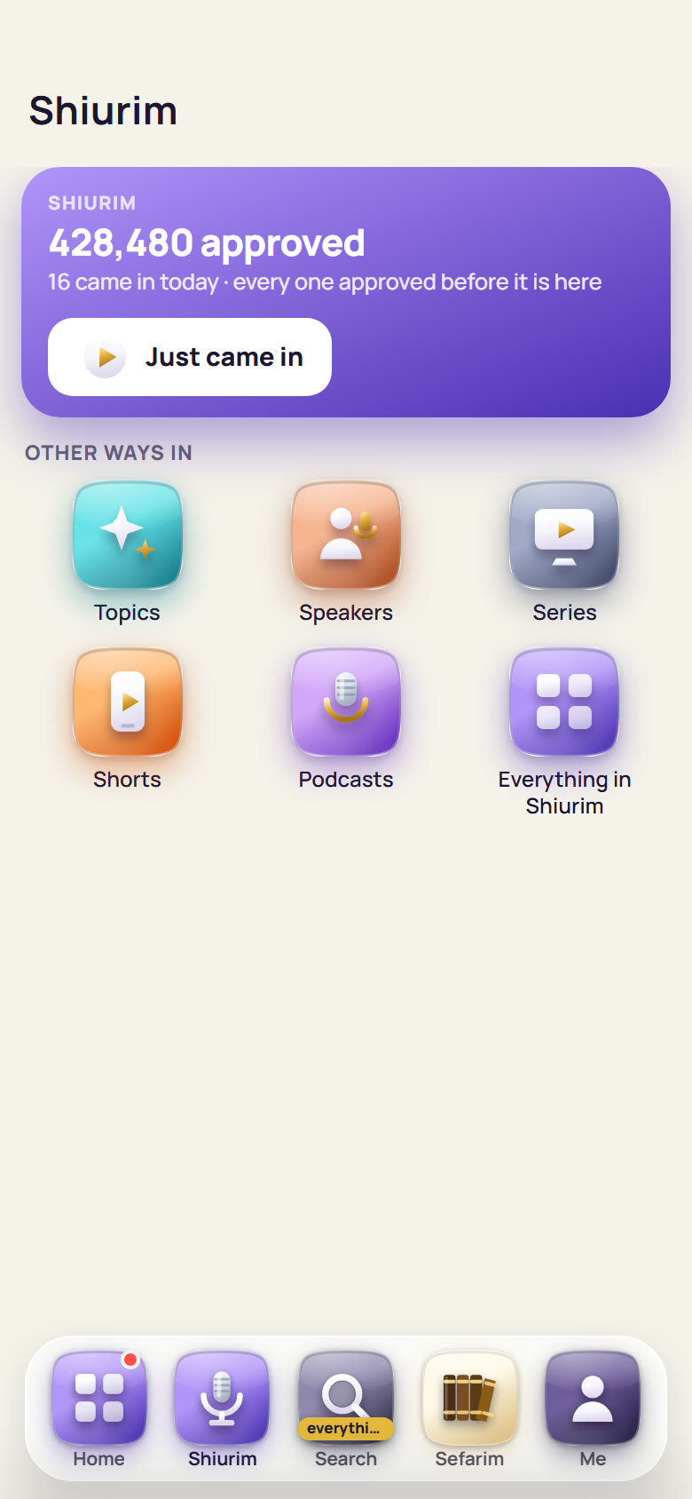 LeHallel's Shiurim tab on a phone: the approved count, how many came in today, and the ways in: Topics, Speakers, Series, Shorts, Podcasts