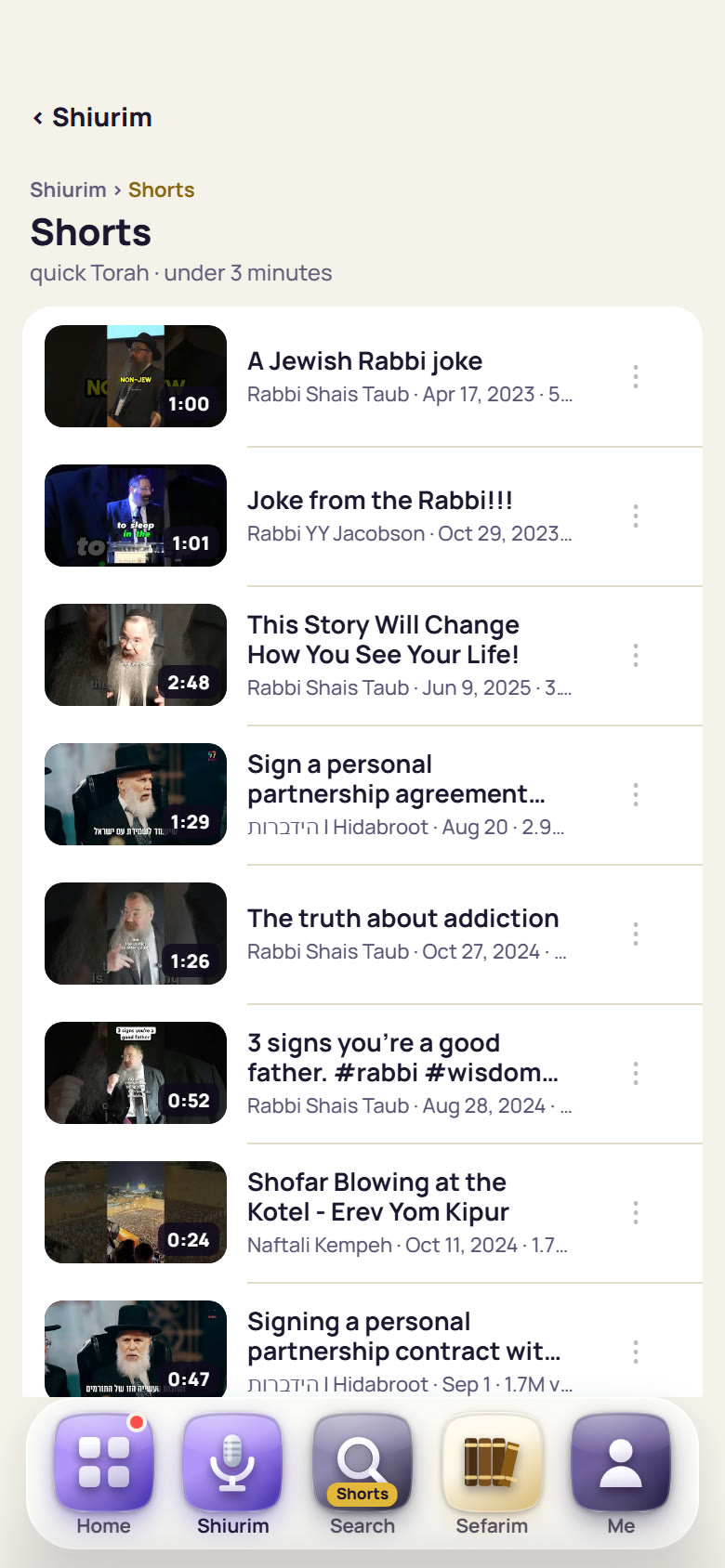 LeHallel's Shorts shelf on a phone: quick Torah under 3 minutes, each with the speaker, the date and the views
