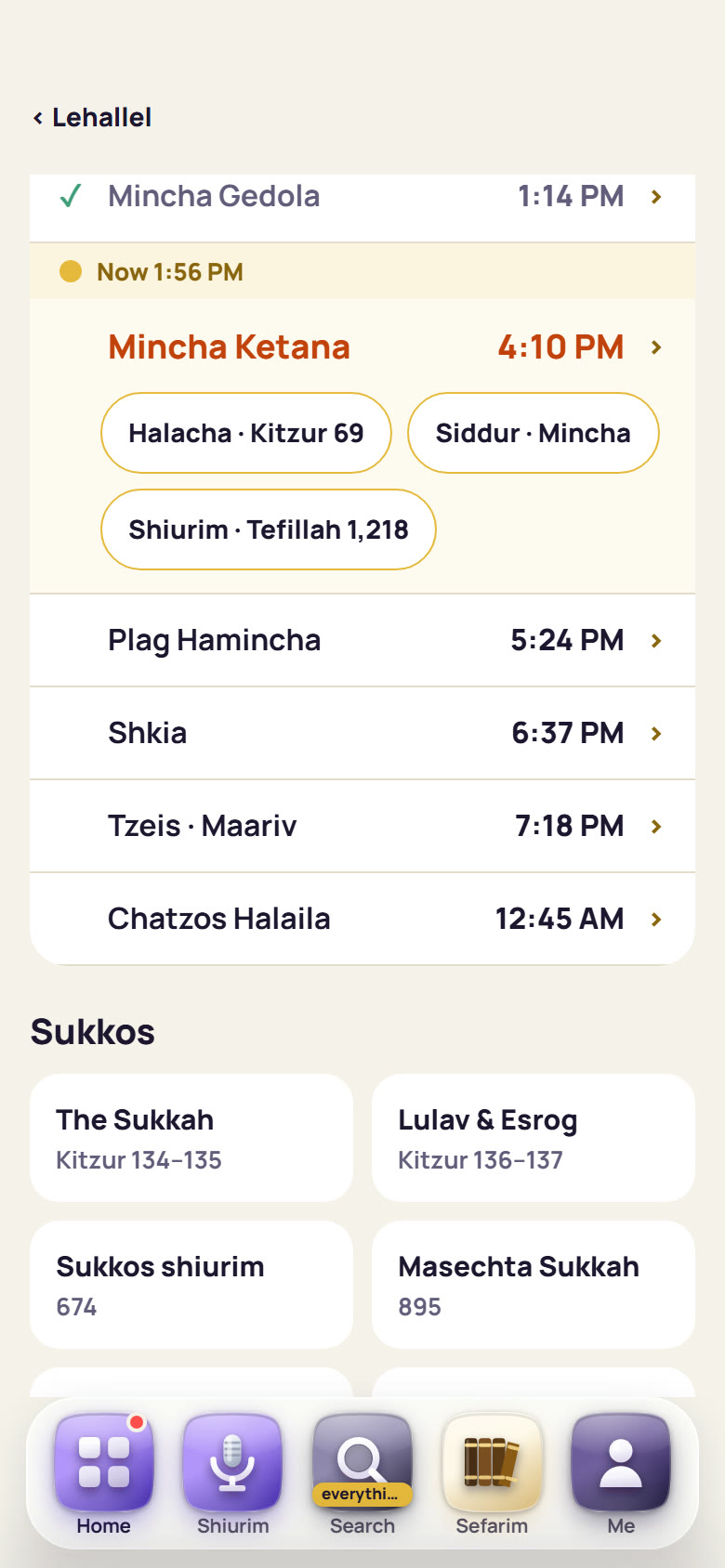 LeHallel's Zmanim, the whole day: each zman with its time, and under the next one the halacha, the siddur and the shiurim that go with it