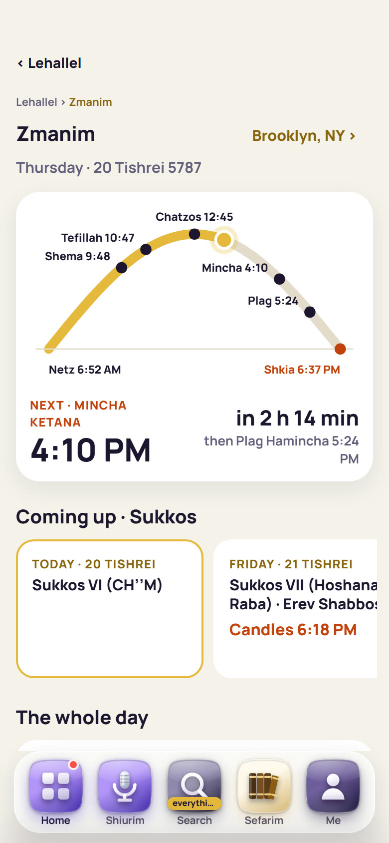 LeHallel's Zmanim room on a phone for Brooklyn, NY on 20 Tishrei 5787: the day as an arc from netz 6:52 AM to shkia 6:37 PM, the next zman and what comes after it