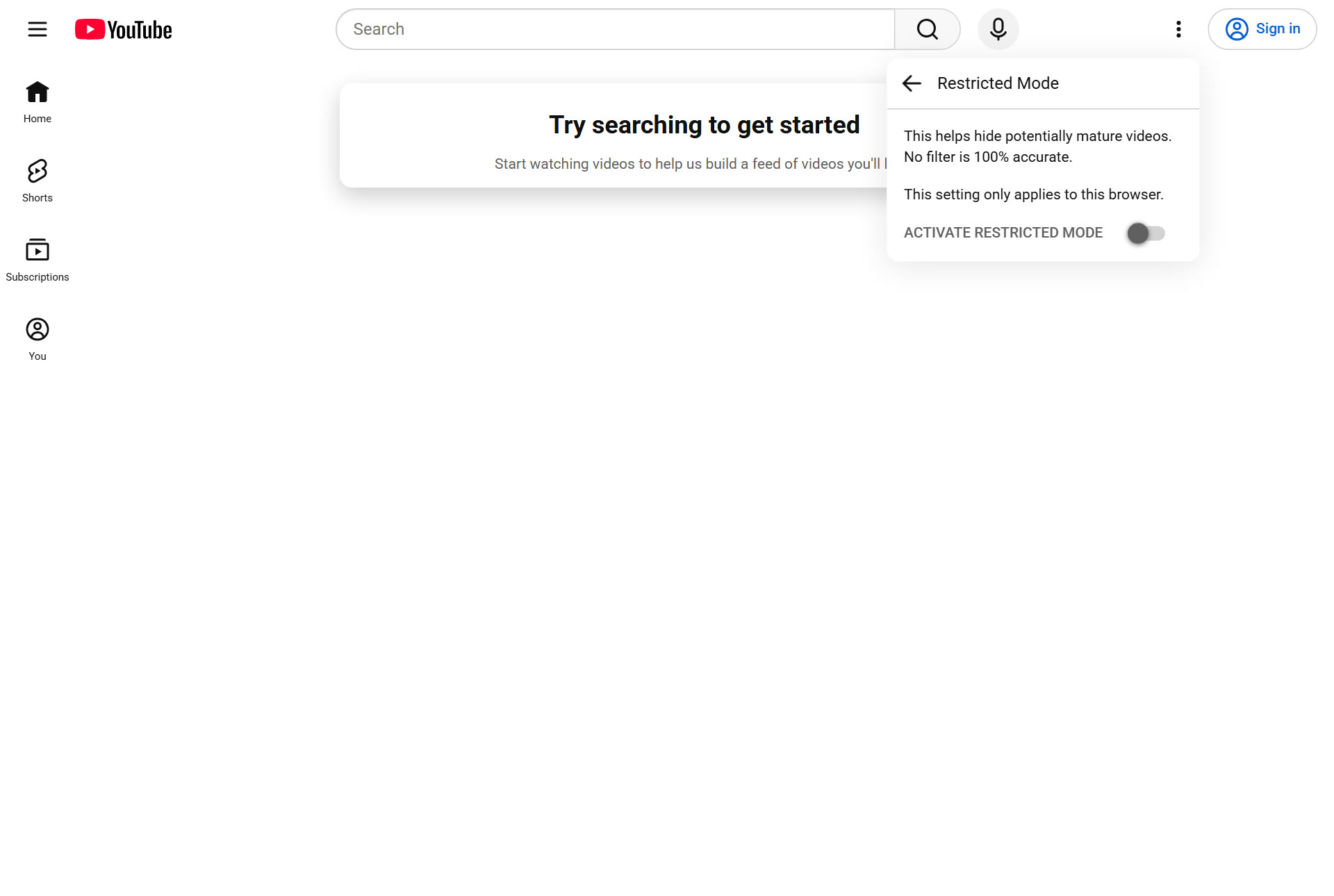 YouTube signed out on 1 October 2026, with its own Restricted Mode panel open: 'This helps hide potentially mature videos. No filter is 100% accurate. This setting only applies to this browser.' and the Activate Restricted Mode switch, off; Shorts sits in YouTube's left rail