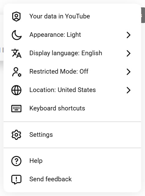 YouTube's own settings menu, signed out, on 1 October 2026: Your data in YouTube, Appearance: Light, Display language: English, Restricted Mode: Off, Location: United States, Keyboard shortcuts, Settings, Help, Send feedback