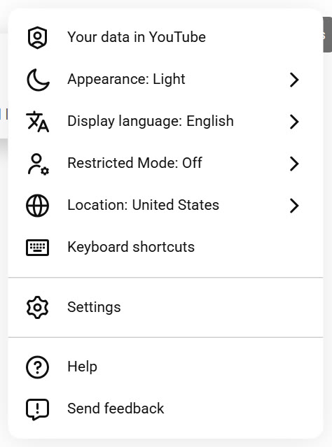 YouTube's own settings menu, signed out, on 1 October 2026: Your data in YouTube, Appearance: Light, Display language: English, Restricted Mode: Off, Location: United States, Keyboard shortcuts, Settings, Help, Send feedback