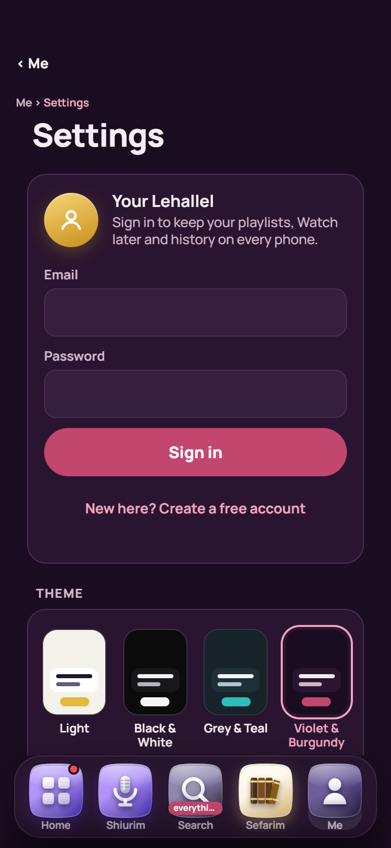 Filtered YouTube on iPhone — Lehallel's Settings in the Violet & Burgundy look